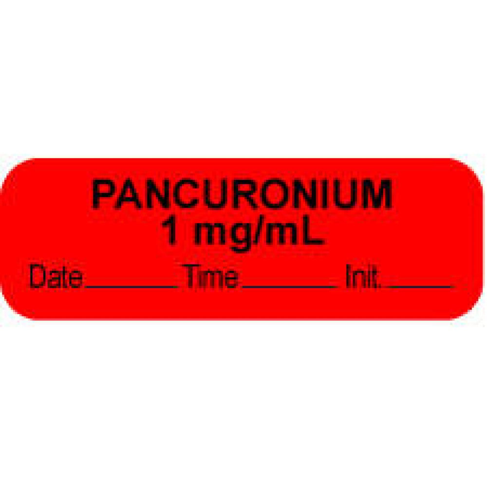 Anesthesia Label With Date, Time, And Initial Paper Permanent "Pancuronium 1 Mg/Ml" Core 1.5" X 0.5" Fl. Red 1000 Per Roll