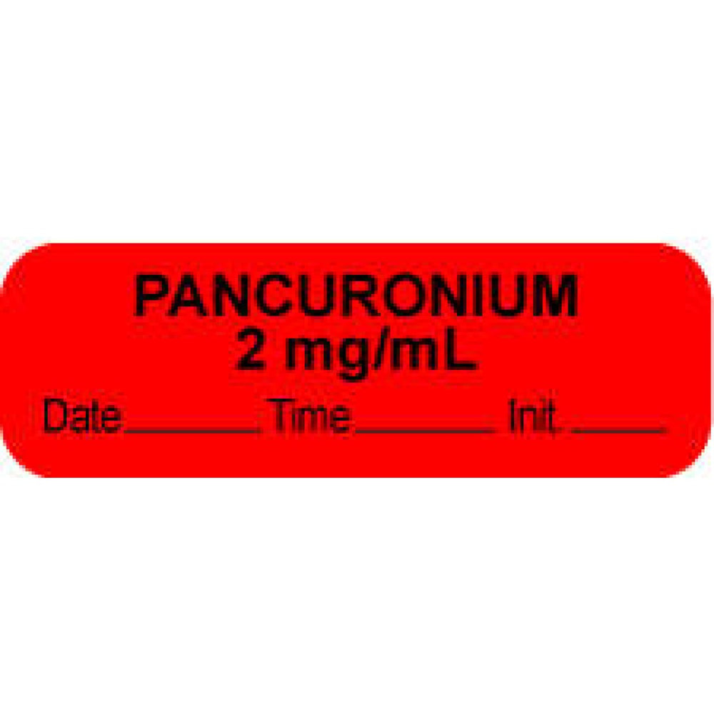 Anesthesia Label With Date, Time, And Initial Paper Permanent "Pancuronium 2 Mg/Ml" Core 1.5" X 0.5" Fl. Red 1000 Per Roll