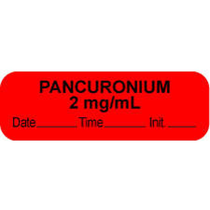 Anesthesia Label With Date, Time, And Initial Paper Permanent "Pancuronium 2 Mg/Ml" Core 1.5" X 0.5" Fl. Red 1000 Per Roll