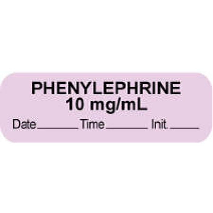 Anesthesia Label With Date, Time, And Initial Paper Permanent "Phenylephrine 10 Mg/Ml" Core 1.5" X 0.5" Violet 1000 Per Roll