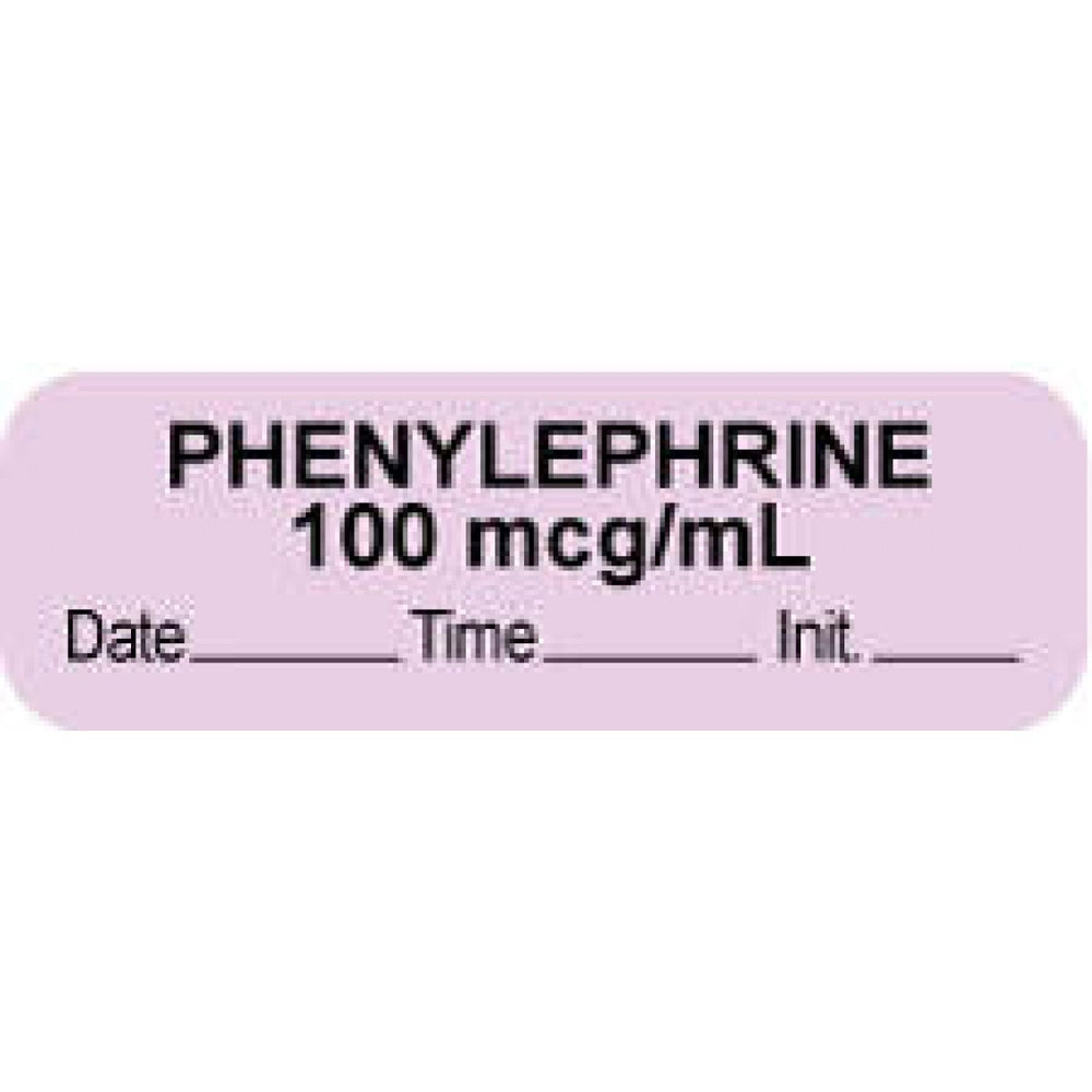 Anesthesia Label With Date, Time, And Initial Paper Permanent "Phenylephrine 100 Mcg" Core 1.5" X 0.5" Violet 1000 Per Roll