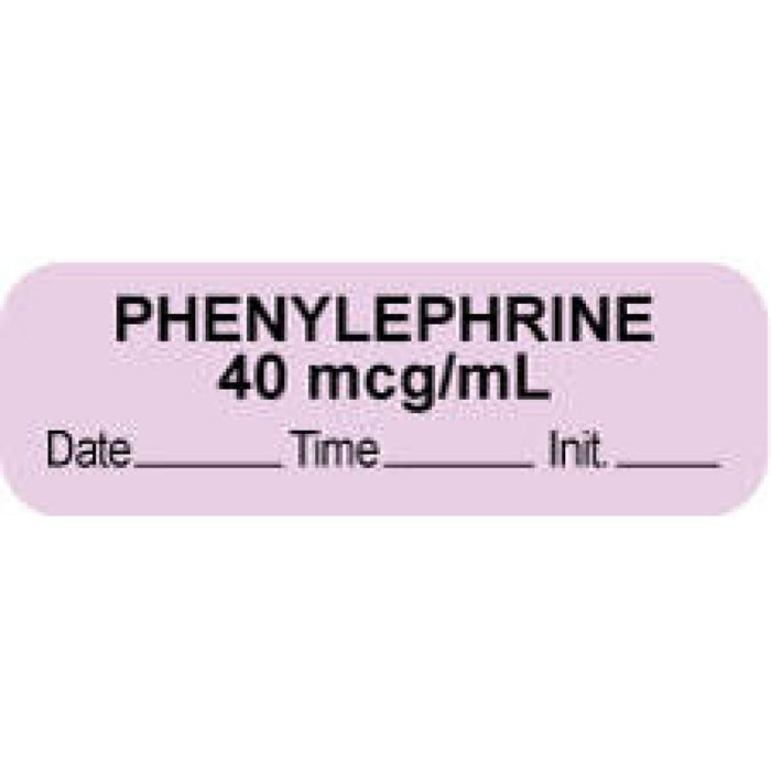 Anesthesia Label With Date, Time, And Initial Paper Permanent "Phenylephrine 40 Mcg" Core 1.5" X 0.5" Violet 1000 Per Roll