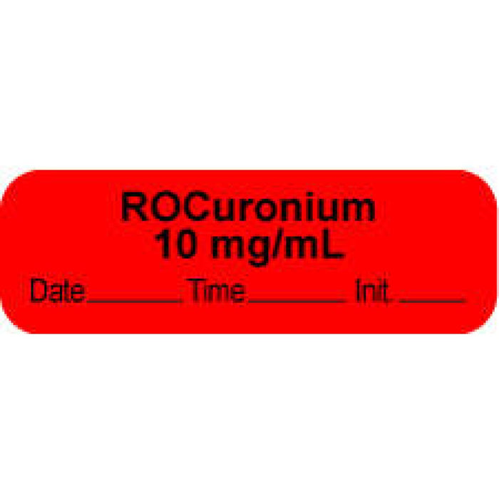 Anesthesia Label With Date, Time, And Initial Paper Permanent "Rocuronium 10 Mg/Ml" Core 1.5" X 0.5" Fl. Red 1000 Per Roll