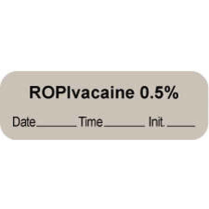 Anesthesia Label With Date, Time, And Initial | Tall-Man Lettering Paper Permanent "Ropivacaine 0.5%" Core 1.5" X 0.5" Gray 1000 Per Roll