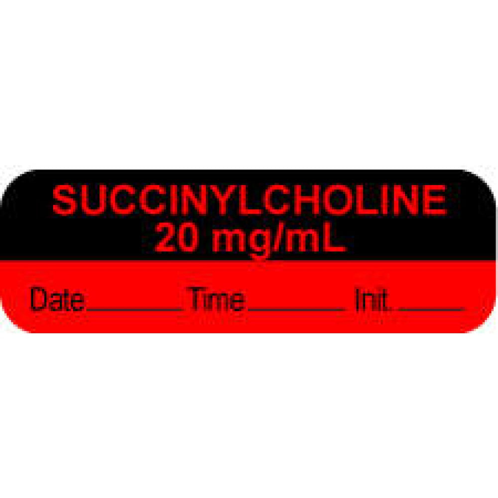 Anesthesia Label With Date, Time, And Initial Paper Permanent "Succinylcholine 20 Mg" Core 1.5" X 0.5" Fl. Red And Black 1000 Per Roll