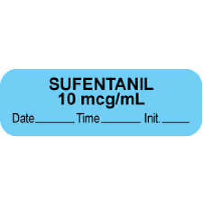 Anesthesia Label With Date, Time, And Initial Paper Permanent "Sufentanil 10 Mcg/Ml" Core 1.5" X 0.5" Blue 1000 Per Roll