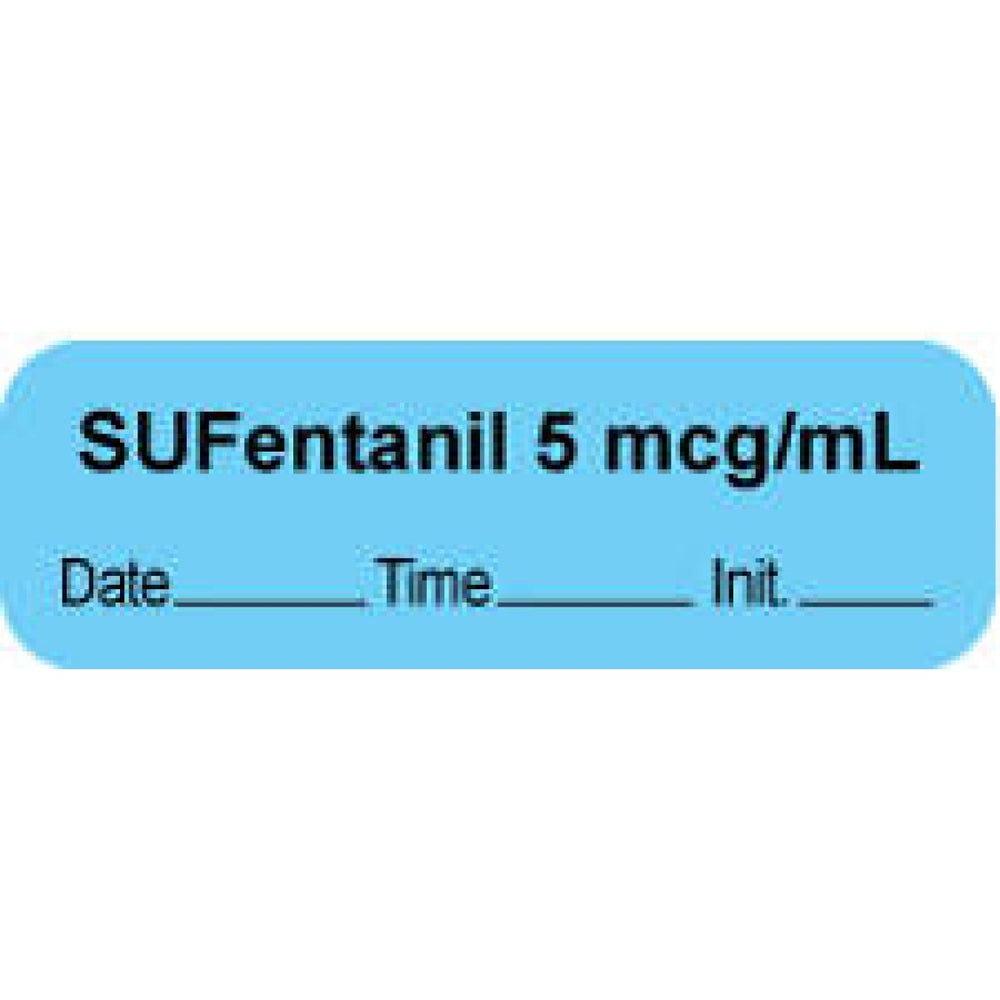 Anesthesia Label With Date, Time, And Initial | Tall-Man Lettering Paper Permanent "Sufentanil 5 Mcg/Ml" Core 1.5" X 0.5" Blue 1000 Per Roll