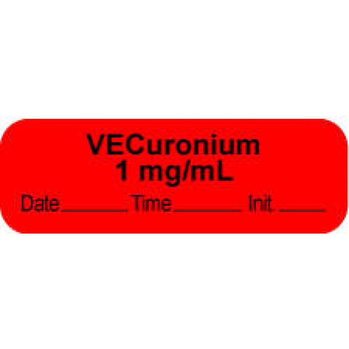 Anesthesia Label With Date, Time, And Initial | Tall-Man Lettering Paper Permanent "Vecuronium 1 Mg/Ml" Core 1.5" X 0.5" Fl. Red 1000 Per Roll