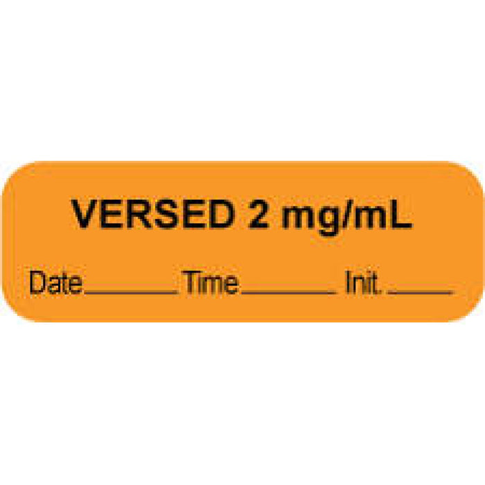 Anesthesia Label With Date, Time, And Initial Paper Permanent "Versed 2 Mg/Ml" Core 1.5" X 0.5" Orange 1000 Per Roll