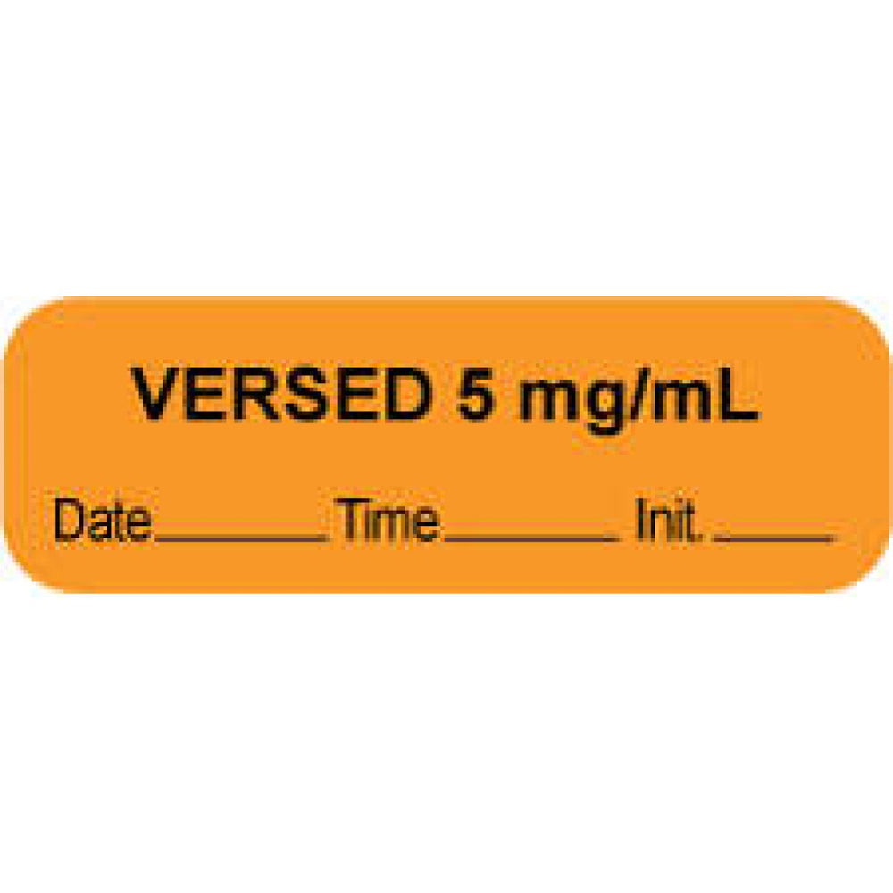 Anesthesia Label With Date, Time, And Initial Paper Permanent "Versed 5 Mg/Ml" Core 1.5" X 0.5" Orange 1000 Per Roll