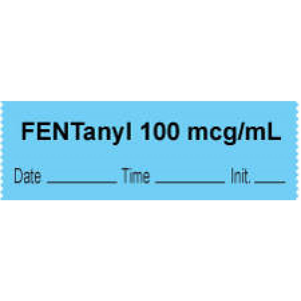 Anesthesia Tape With Date, Time, And Initial | Tall-Man Lettering Removable "Fentanyl 100 Mcg/Ml" 1" Core 0.5" X 500" Blue 333 Imprints 500 Inches Per Roll