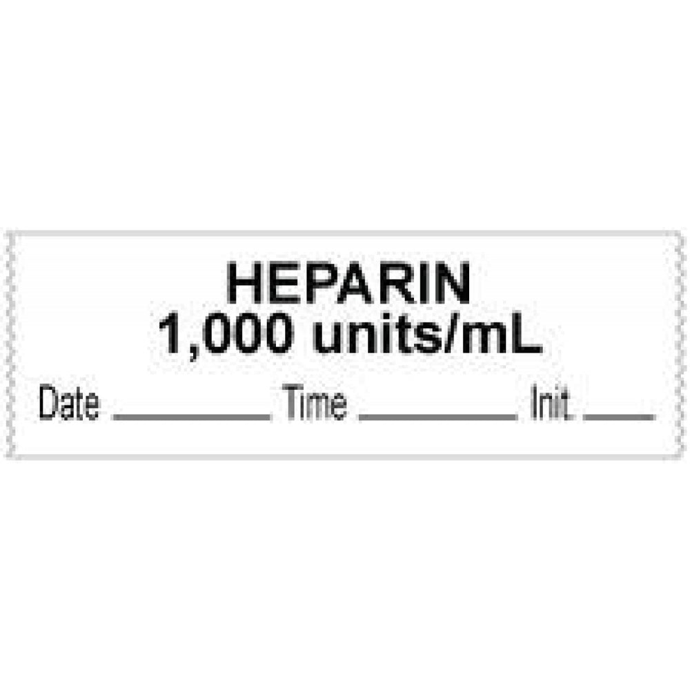 Anesthesia Tape With Date, Time, And Initial Removable "Heparin 1000 Units/Ml" 1" Core 0.5" X 500" White 333 Imprints 500 Inches Per Roll