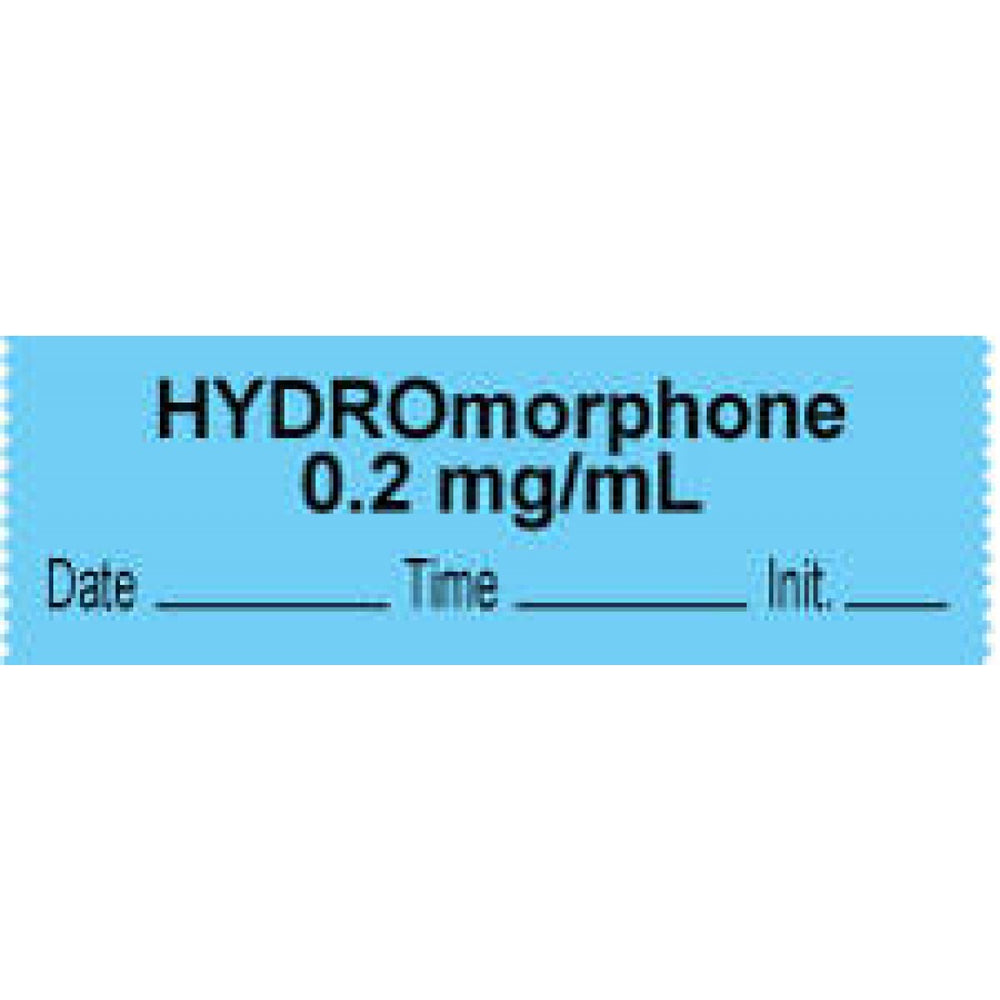 Anesthesia Tape With Date, Time, And Initial | Tall-Man Lettering Removable "Hydromorphone 0.2 Mg/Ml" 1" Core 0.5" X 500" Blue 333 Imprints 500 Inches Per Roll