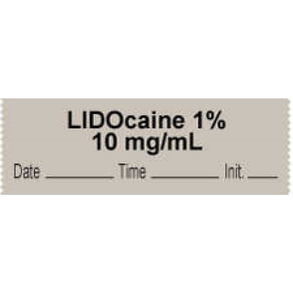 Anesthesia Tape With Date, Time, And Initial | Tall-Man Lettering Removable "Lidocaine 1% 10 Mg/Ml" 1" Core 0.5" X 500" Gray 333 Imprints 500 Inches Per Roll