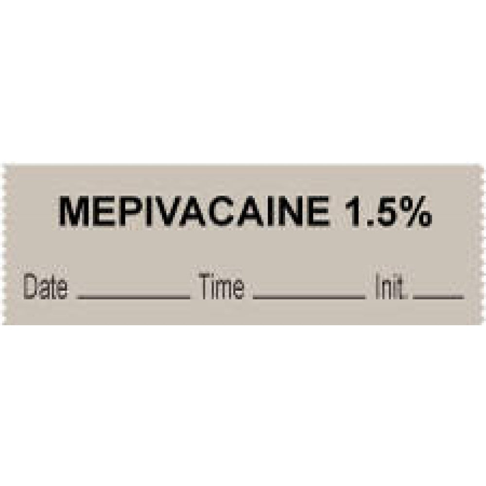 Anesthesia Tape With Date, Time, And Initial Removable "Mepivacaine 1.5%" 1" Core 0.5" X 500" Gray 333 Imprints 500 Inches Per Roll