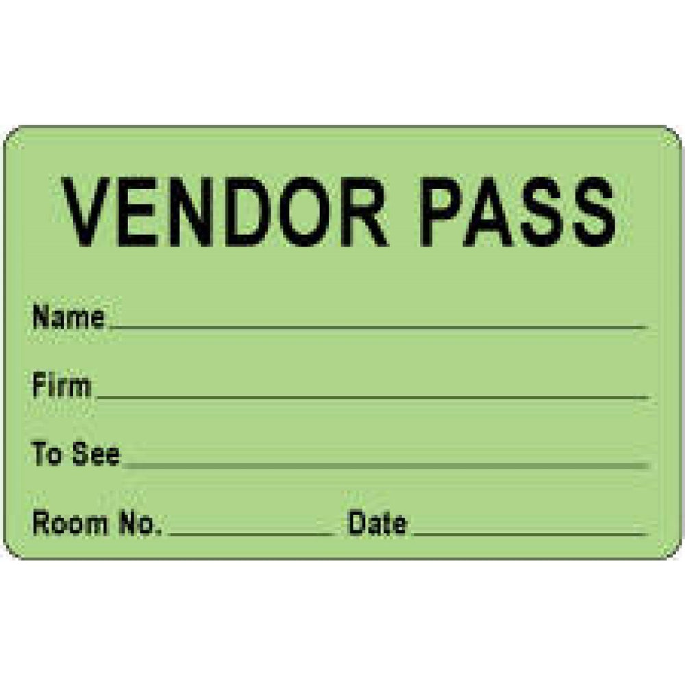 Visitor Pass Label Paper Removable Vendor Pass Name 1" Core 2 3/4 " X 1 3/4" Fl. Green 1000 Per Roll