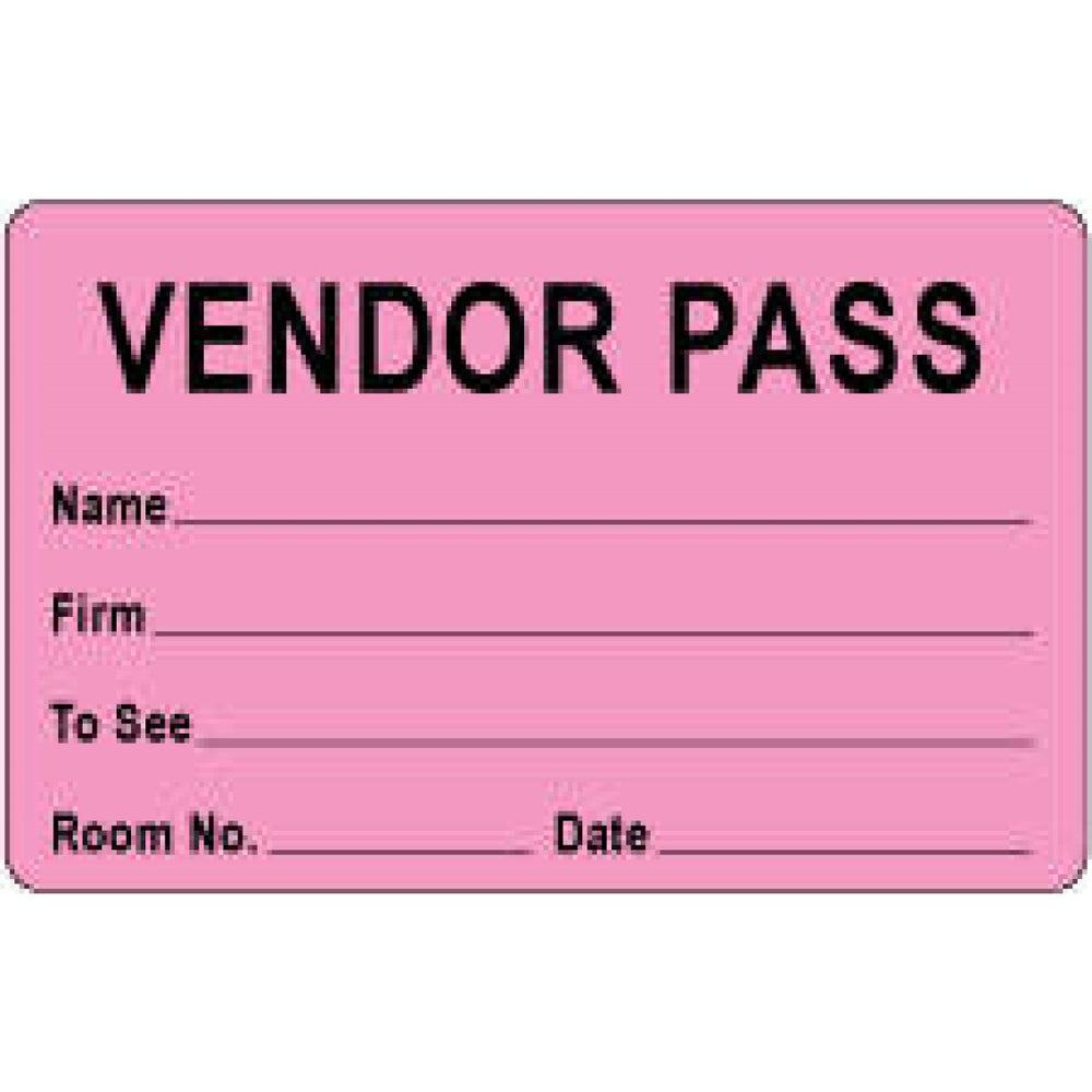 Visitor Pass Label Paper Removable Vendor Pass Name 1" Core 2 3/4 " X 1 3/4" Fl. Pink 1000 Per Roll