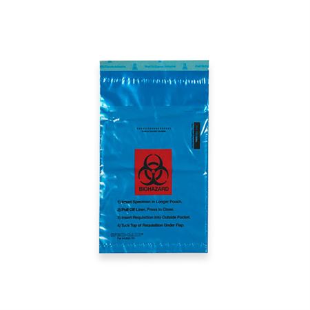 2-Pocket Biohazard Specimen Bags 6" x 10" - Blue