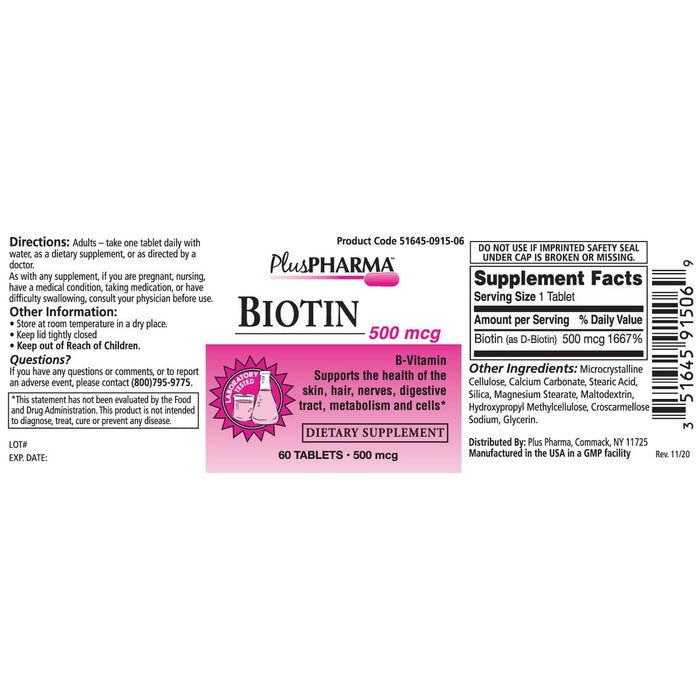 Gemini Pharmaceuticals Biotin Tablets - Biotin Caplet, 500 mcg, 60/Bottle - 51645-0915-06