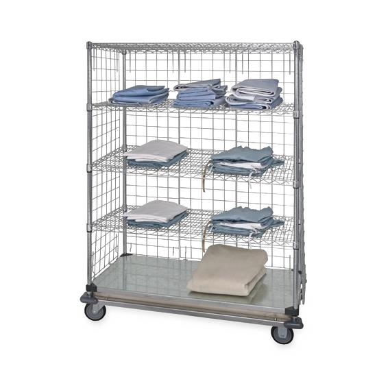 3-Sided 24" x 48" x 81" Linen Cart with 4 Wire Shelves, 1 Solid Shelf and a Dolly Base