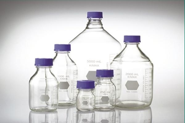 DWK Kimble Round Glass Media Bottles with Blue Screw Caps - GL 45 Media Storage Bottles, No Caps, 250 mL Capacity, 50 mL to 200 mL Graduation Range - 14396-250