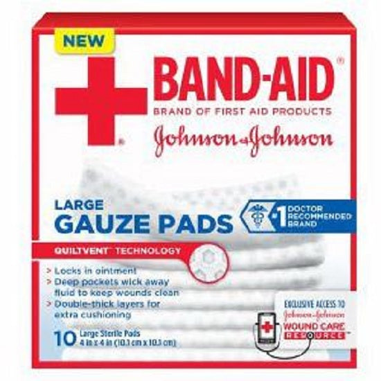 Systagenix Johnson & Johnson Band-Aid First Aid Gauze Pad, Large (4" x 4") - 10 Per Box