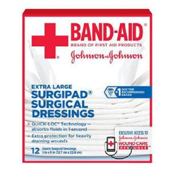 Systagenix Johnson & Johnson Band-Aid First Aid Surgipad Surgical Dressing Pad, Extra Large (5" x 9") - 12 Per Box