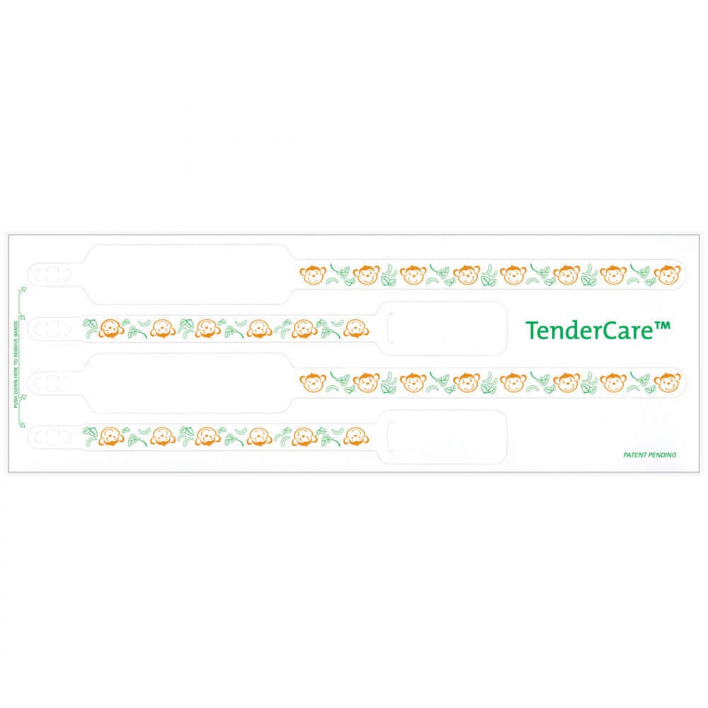 Tendercare Thermal Wristband Thermal 4Pt Mother, Father, Baby Set; Adhesive Closure X 1" 11" L X 1" H (Adult) 7" L X 8" H (Infant) White With Monkeys - 400 Per Box