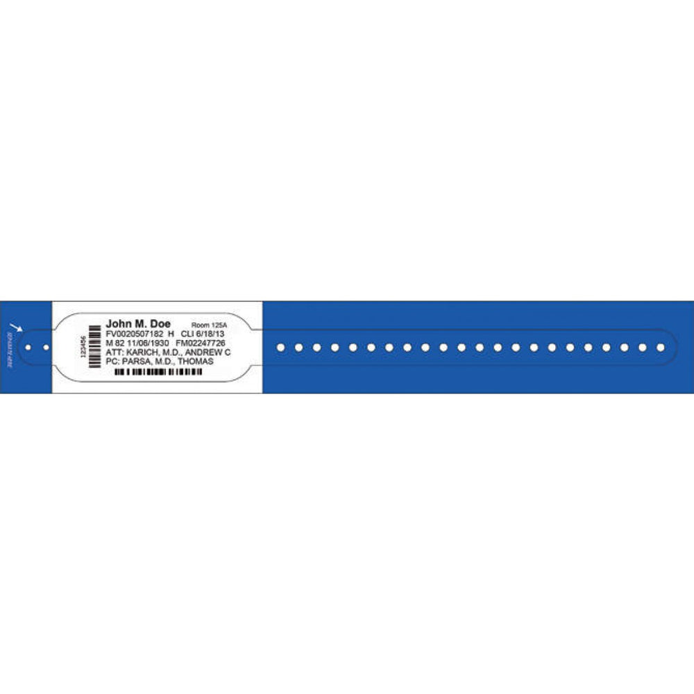 Dimensions: 10 13/16" X 1 1/8" Info Area: 4 1/2" X 1 1/8" Bands/Roll: 100 Rolls/Box: 2 Core Size: 1 1/2" Wound Out