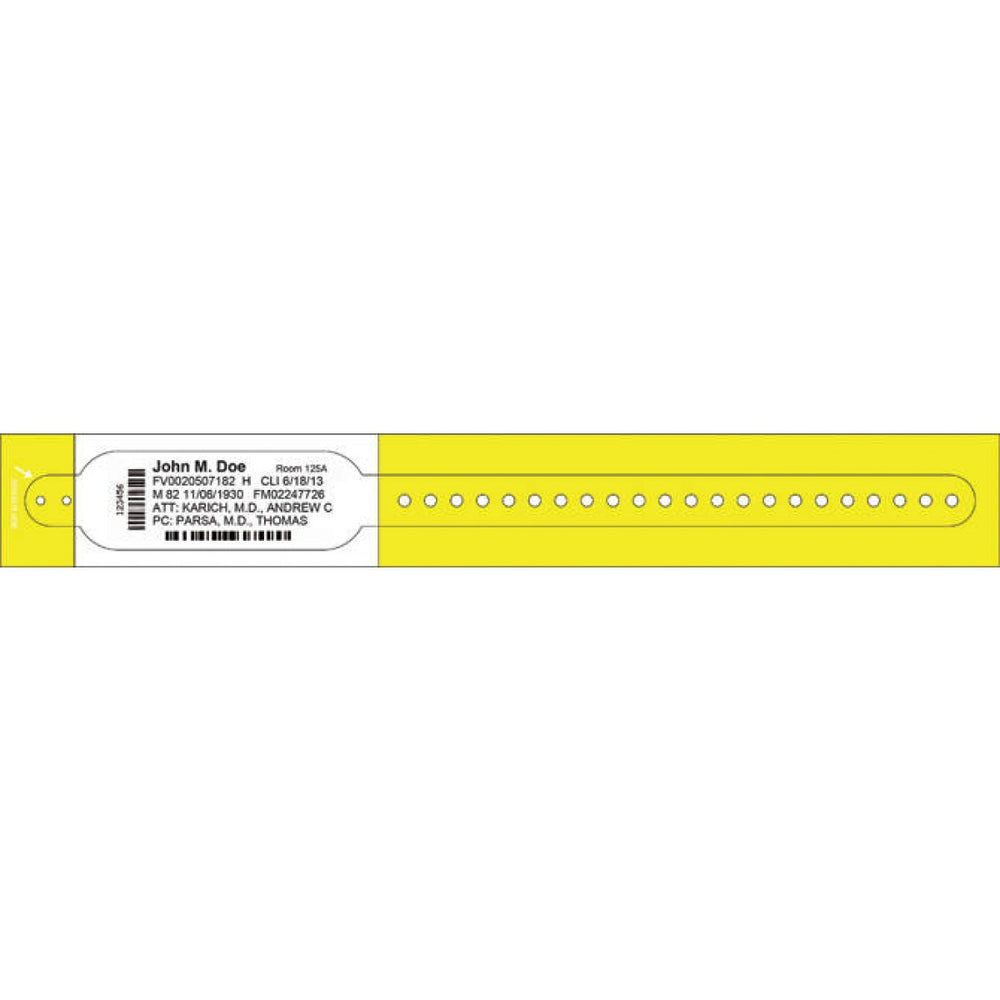 Dimensions: 10 13/16" X 1 1/8" Info Area: 4 1/2" X 1 1/8" Bands/Roll: 100 Rolls/Box: 2 Core Size: 1 1/2" Wound Out