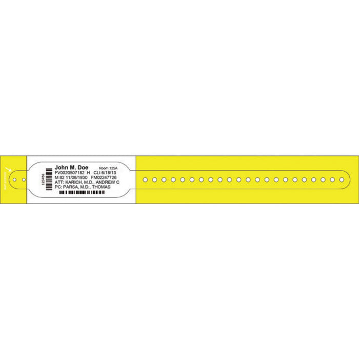 Dimensions: 10 13/16" X 1 1/8" Info Area: 4 1/2" X 1 1/8" Bands/Roll: 100 Rolls/Box: 2 Core Size: 1 1/2" Wound Out