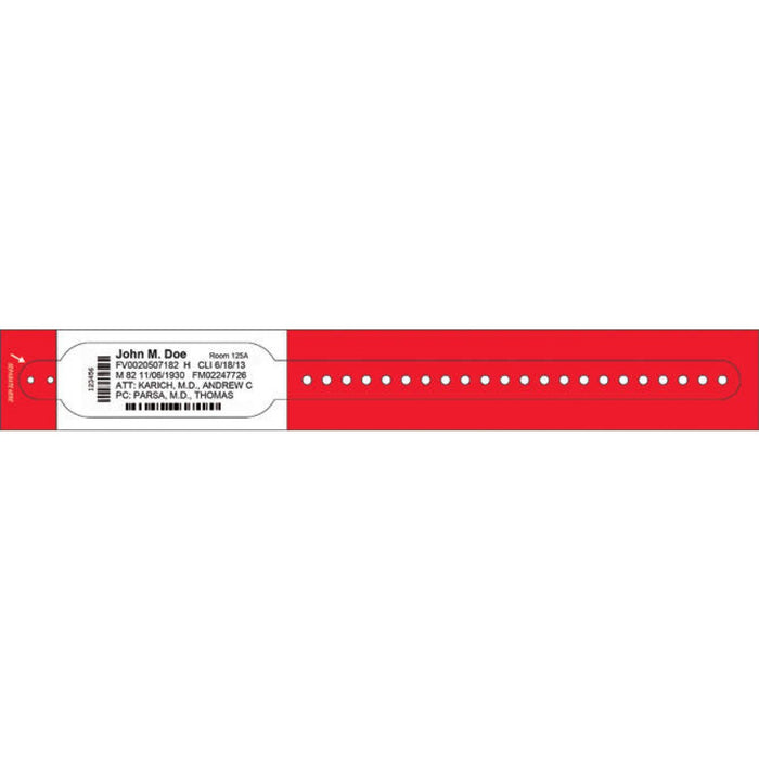 Dimensions: 10 13/16" X 1 1/8" Info Area: 4 1/2" X 1 1/8" Bands/Roll: 100 Rolls/Box: 2 Core Size: 1 1/2" Wound Out