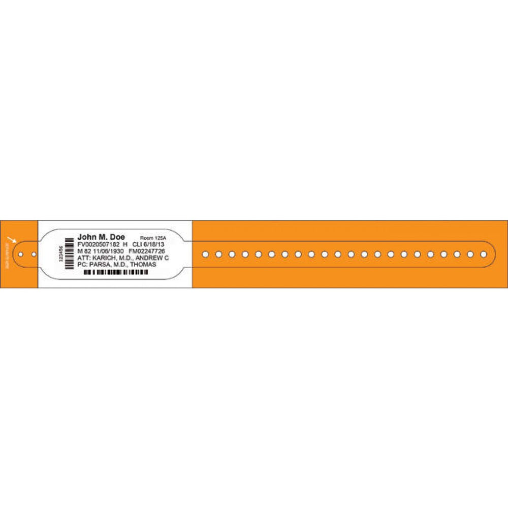 Dimensions: 10 13/16" X 1 1/8" Info Area: 4 1/2" X 1 1/8" Bands/Roll: 100 Rolls/Box: 2 Core Size: 1 1/2" Wound Out