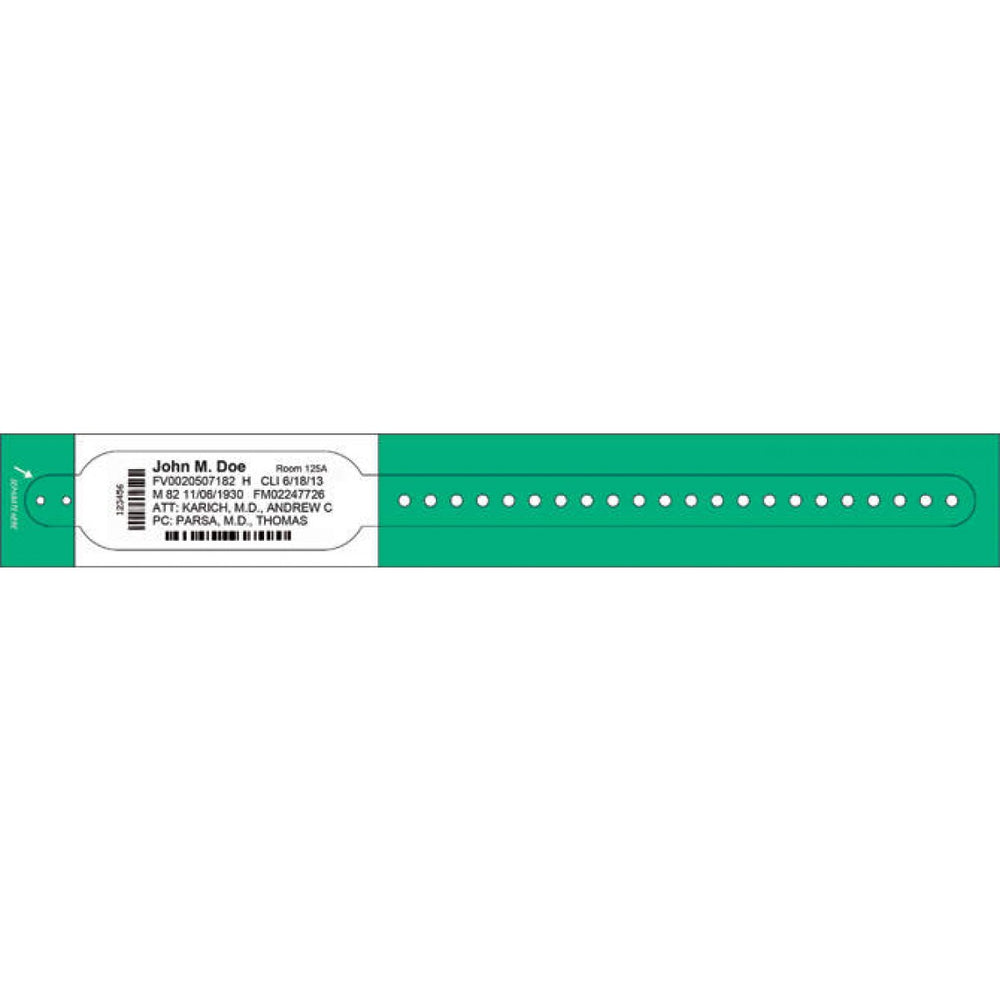 Dimensions: 10 13/16" X 1 1/8" Info Area: 4 1/2" X 1 1/8" Bands/Roll: 100 Rolls/Box: 2 Core Size: 1 1/2" Wound Out