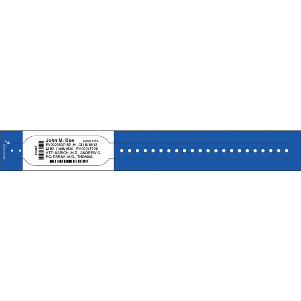 Dimensions: 10 13/16" X 1 1/8" Info Area: 4 1/2" X 1 1/8" Bands/Roll: 200 Rolls/Box: 2 Core Size: 1" Wound Out