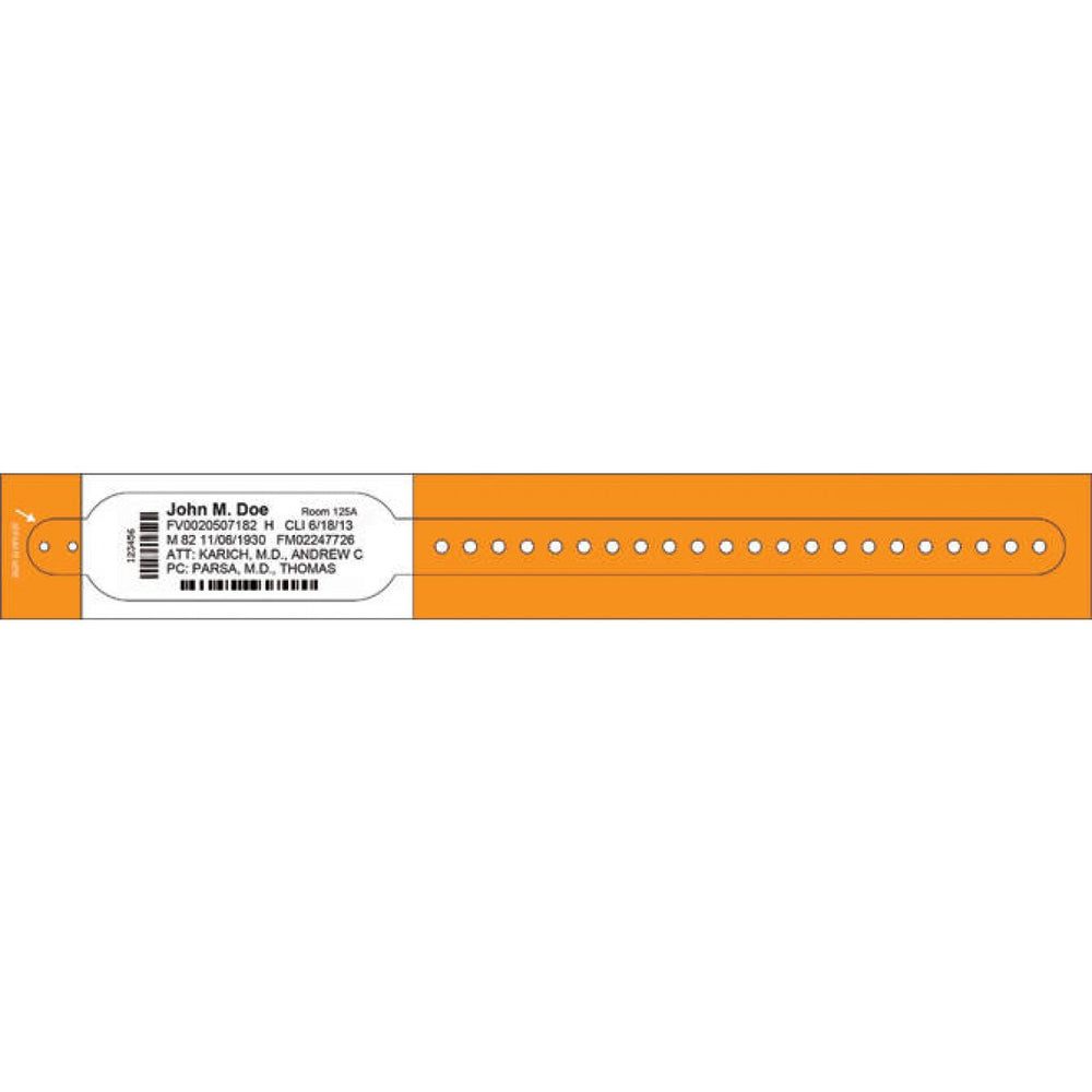 Dimensions: 10 13/16" X 1 1/8" Info Area: 4 1/2" X 1 1/8" Bands/Roll: 200 Rolls/Box: 2 Core Size: 1" Wound Out