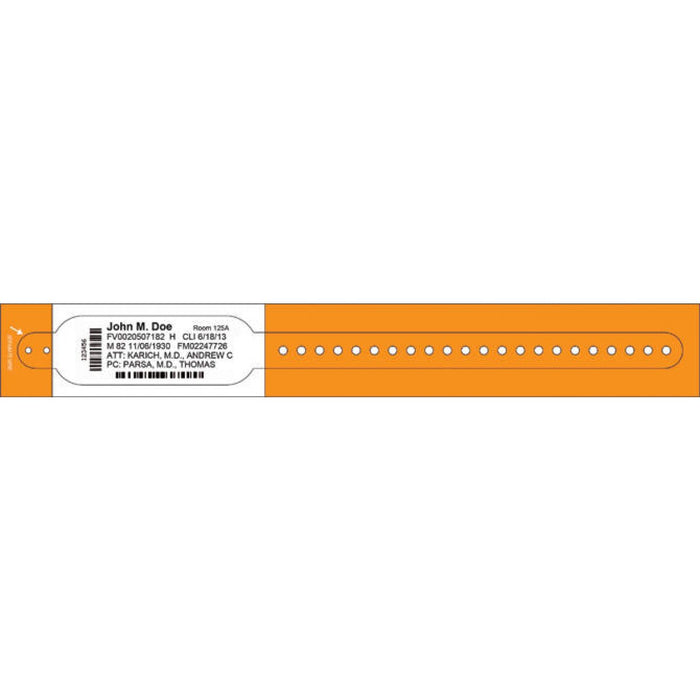 Dimensions: 10 13/16" X 1 1/8" Info Area: 4 1/2" X 1 1/8" Bands/Roll: 200 Rolls/Box: 2 Core Size: 1" Wound Out