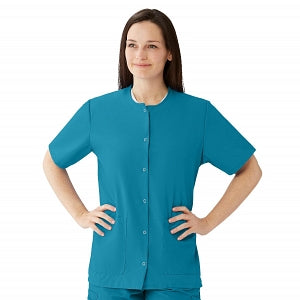 Medline AngelStat Women's Jewel Neck Short Sleeve Snap Front Scrub Tops - AngelStat Women's Jewel Neck Short-Sleeve Snap Front Tunic Scrub Top with 2 Pockets, Size L, Peacock - 851NBTL