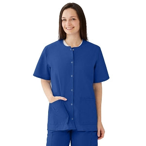 Medline AngelStat Women's Jewel Neck Short Sleeve Snap Front Scrub Tops - AngelStat Women's Jewel Neck Short-Sleeve Snap Front Tunic Scrub Top with 2 Pockets, Size L, Sapphire - 851NHTL