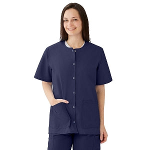 Medline AngelStat Women's Jewel Neck Short Sleeve Snap Front Scrub Tops - AngelStat Women's Jewel Neck Short-Sleeve Snap Front Tunic Scrub Top with 2 Pockets, Size 4XL, Navy - 851NNT4XL