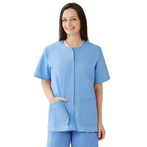 Medline AngelStat Women's Jewel Neck Short Sleeve Snap Front Scrub Tops - AngelStat Women's Jewel Neck Short-Sleeve Snap Front Tunic Scrub Top with 2 Pockets, Size M, Ceil Blue - 851NTHM