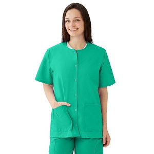 Medline AngelStat Women's Jewel Neck Short Sleeve Snap Front Scrub Tops - AngelStat Women's Jewel Neck Short-Sleeve Snap Front Tunic Scrub Top with 2 Pockets, Size L, Jade - 851NTJL