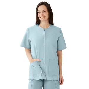 Medline AngelStat Women's Jewel Neck Short Sleeve Snap Front Scrub Tops - AngelStat Women's Jewel Neck Short-Sleeve Snap Front Tunic Scrub Top with 2 Pockets, Size M, Misty - 851NTZM