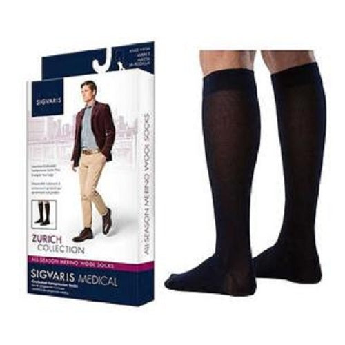 Sigvaris All-Season Merino Wool Calf Socks Closed Toe, 20 to 30 mmHg, Medium, Long, Black