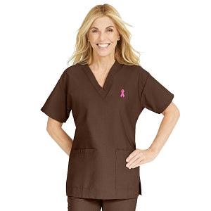 Medline ComfortEase Women's V-Neck Tunic Scrub Top with 2 Pockets - ComfortEase Women's V-Neck Short-Sleeve 2-Pocket Tunic Scrub Top, Size XL, Black with Pink Ribbon - 8800DKWXLPR