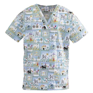 Medline ComfortEase Women's V-Neck Tunic Scrub Top with 2 Pockets - ComfortEase Women's V-Neck Short-Sleeve 2-Pocket Tunic Scrub Top, Size 4XL, Bird Collage Print - 8803JBC4XL