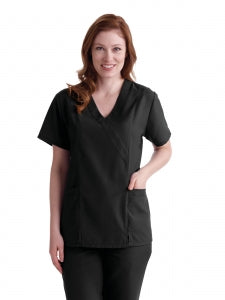 Medline PerforMAX Women's Mock Wrap Tunic Scrub Top with 2 Pockets - PerforMAX Women's Mock Wrap 2-Pocket Tunic Scrub Top, Size L, Black - 881DKWL