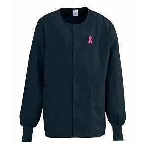 Medline ComfortEase Unisex Crew-Neck Warm Jackets - ComfortEase Unisex Crew-Neck Warm Scrub Jacket with Knit Cuff, Black with Pink Ribbon, Size XL - 8832DKWXLPR