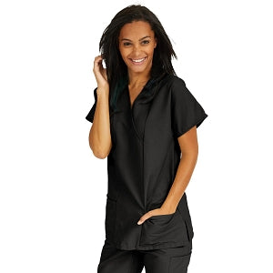 Medline ComfortEase Women's Crossover Tunic Scrub Top with Two Pockets - ComfortEase Women's Short-Sleeve Crossover Tunic Scrub Top with 2 Pockets, Size L, Black - 8851DKWL