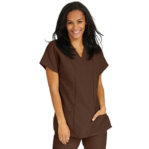 Medline ComfortEase Women's Crossover Tunic Scrub Top with Two Pockets - ComfortEase Women's Short-Sleeve Crossover Tunic Scrub Top with 2 Pockets, Size M, Brown - 8851JBRM